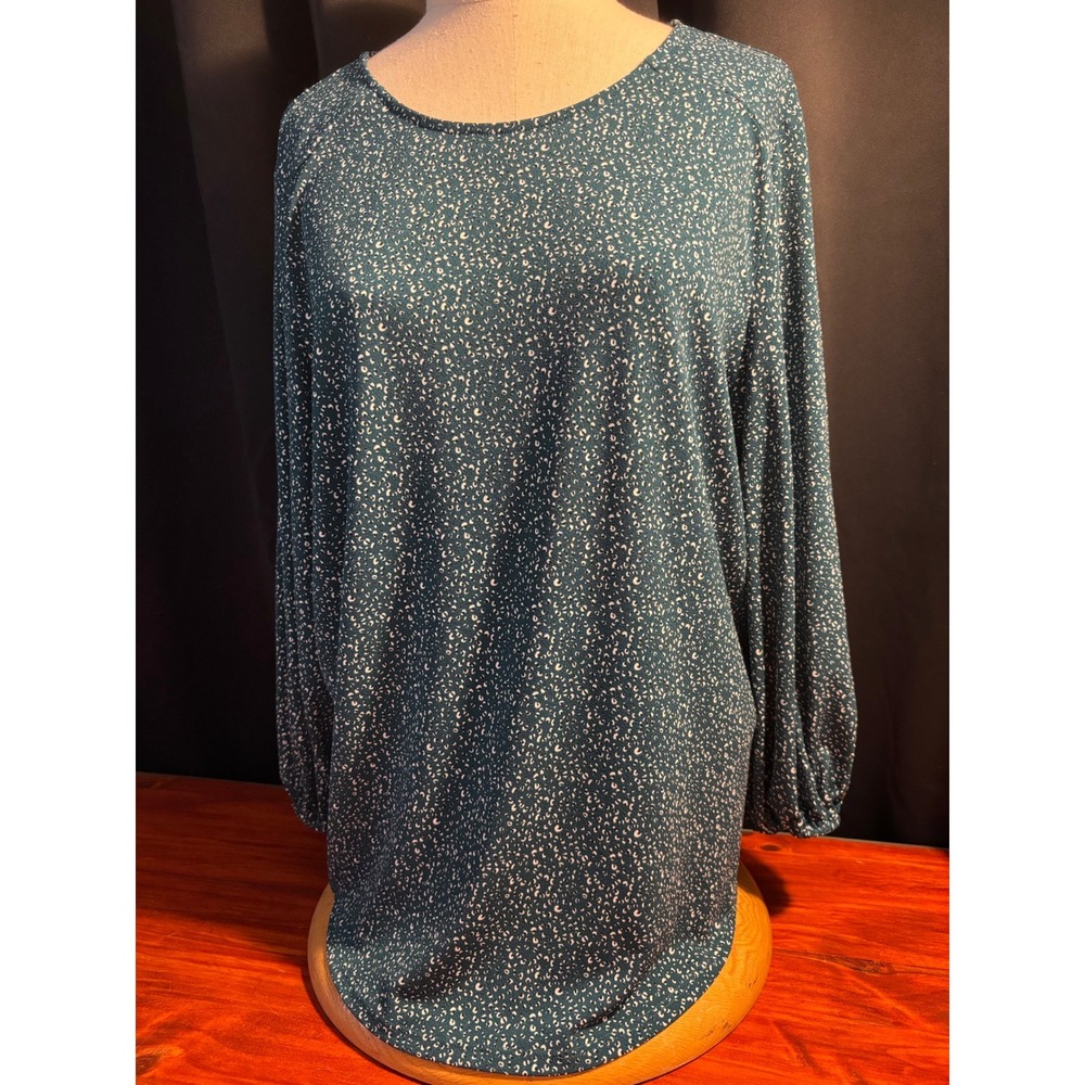Adrianna Papell Green Abstract Animal Print Keyhole Back Blouse XL Long Sleeve